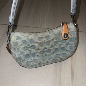 Coach Light Blue Jacquard Mini Shoulder Bag with Tan Trim